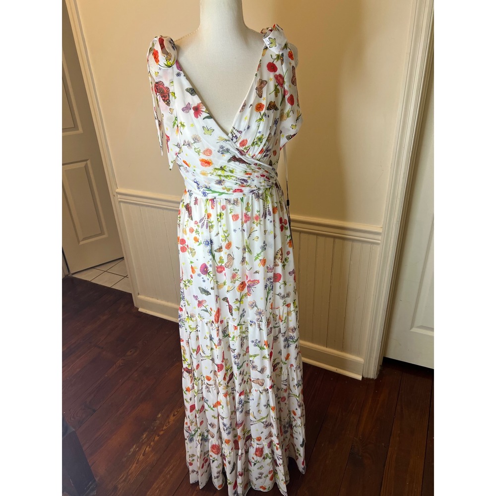 Mac Duggal Floral Butterfly Print Tiered Maxi Dress White V-Neck Tie Shoulder 4 - Picture 5 of 16